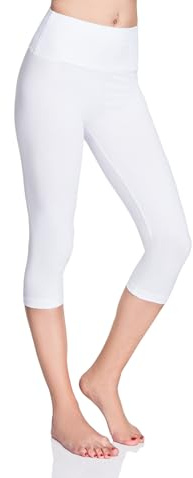 MITAAMI High Waisted 3/4 Lenght Cropped Cotton Pants - Non See Through Capri Leggings Tummy Control Panel Active Pants - Casual Stretchy Sport Gym Yoga Leggings White 14