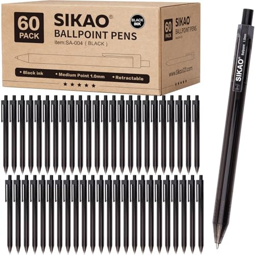 Sikao Stylos noirs, lot de 60 – Stylos à bille rétractables à encre noire, pointe moyenne 1,0 mm, écriture fluide sans bavure, pour école, bureau & restauration