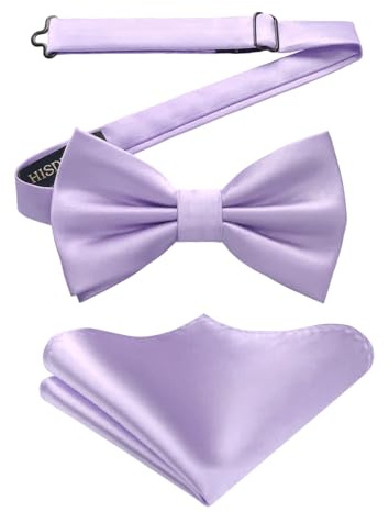 HISDERN Einfarbige Fliege für Herren Vorgebundene Verstellbare Fliege Flieder mit Einstecktuch für Hochzeit Party Herrenfliegen Set