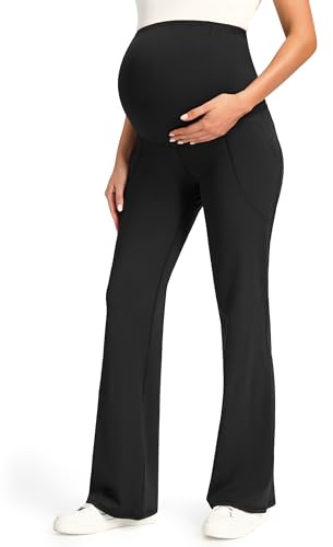 JOYSPELS Maternity Bootcut Pants with Pockets Over The Belly Pregnancy Yoga Pants for Work Flare Maternity Leggings Black