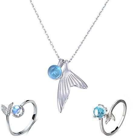 Liitata Set di 3 anelli a forma di sirena e collana – gioielli in pietra blu per donne, anello sorella per amiche, ragazze, regalo di compleanno, souvenir – argento