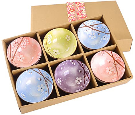 WHJY Cherry Bloom Chinese Japanese Ceramic Rice Bowl 10 oz, Sakura Bowl Gift Set, Serving Bowls Dinnerware Bowls for Rice, Cereal, Noodle, Soup, Desserts, Set of 6