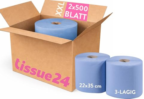 Putztuchrollen blau 3-lagig – 2 Rollen, 500 Blatt je Rolle, Zellstoff, saugstark & reißfest, 22 × 35 cm, für Industrie, Werkstatt & KFZ