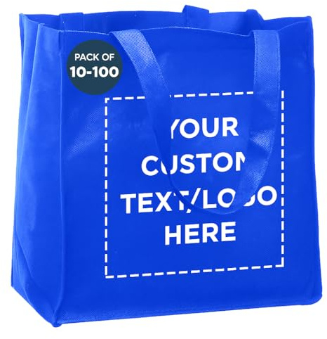 DISCOUNT PROMOS Custom Reusable Cloth Grocery Shopping Tote Bags Set of 10/50/100, Personalized Bulk Pack - Foldable, Washable, Shopper Bag - Blue