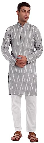 SKAVIJ Kurta Pigiama da Uomo 100% Cotone Indiano Etnico Henley Camicia a Maniche Lunghe e Pantaloni Casual Completi da Yoga (Grigio, Medium)