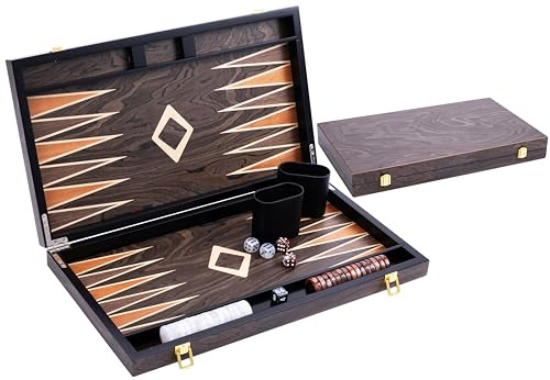Engelhart – 250547 – Deluxe 18-inch Backgammon Set with Varnished Walnut Burl Veneer – Metal Closure – Pearly Dice, Chips, and Wooden Cups Included – 2 Players – Game Rules Included – 8+
