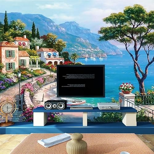 YOITS Papier peint mural 3D peinture à l'huile méditerranéenne paysage papiers peints décor à la maison salon canapé TV fond papier peint （W） 140×（H） 70CM