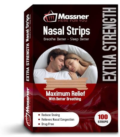 Massner Extra Strength Nasal Strips - Pack of 100 Tan Nose Strips to Improve Snoring - Helpful to Improve Sleeping, Nasal Congestion Due to Cold and Allergies