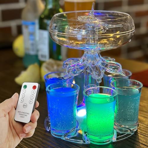 Foppla Schnapsglasspender und Halter, 8 Effektlichter, Flüssigkeitsspender, transparenter Acryl-Getränkespender Halter mit 6 Tassen, Partyspender für Getränke, Whiskey, Cocktails, Wein und Apfelwein
