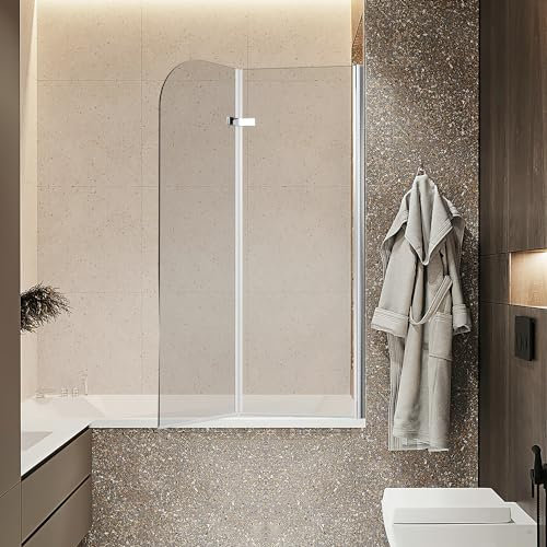 Ansobea Paroi de douche pour baignoire, 100 x 140 cm, pliable, en 2 parties, verre de sécurité ESG de 6 mm, argent transparent, avec embout de baignoire