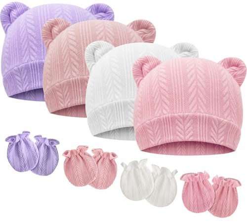 DRESHOW Neonato Bambino Berretto e Guanti per Neonato Accessori Set Cappellino per Ragazzi Ragazze Cotone 0-6 Mesi