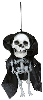 FIESTAS GUIRCA | Großkopf Skelett Hängefigur mit Umhang (15 cm) - Halloween Dekoration für Partys und Feiern - Ideal für gruselige Umgebungen und Schreckensszenarien - Schwarz und Weiß