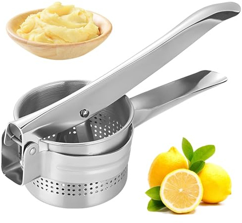 Potato Ricer - Heavy Duty Stainless Steel Mashed Potato Masher with Ergonomic Handle, Press and Mash Kitchen Gadget, Make Fluffy Smooth Mashed Potatoes & Press Fruit and Vegetables(Silver)