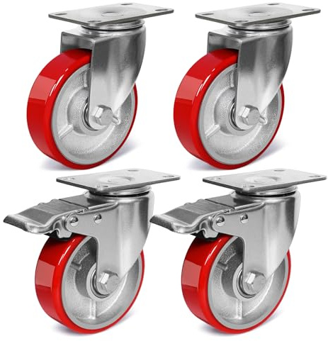 4 Inch Heavy Duty Casters, Swivel Caster Wheels, Polyurethane on Steel Wheel- Casters Set of 4 with 2000 lb Capacity, Caster Wheels for Furniture Workbench Cart (2 Brake & 2 Swivel)