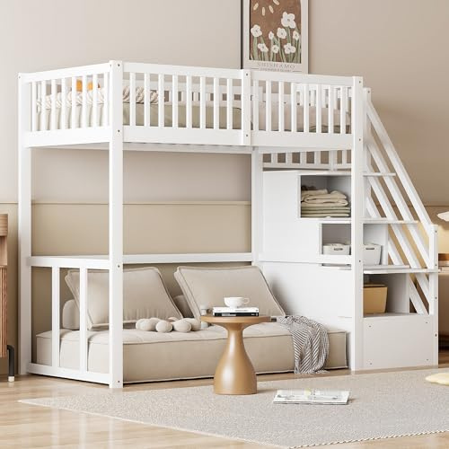 Moimhear 90 x 200 cm litera infantil con cama extraíble y almacenamiento, litera con escalera para 2 a 3 niños, somier de láminas de madera, sin colchón (modelo 241-blanco)