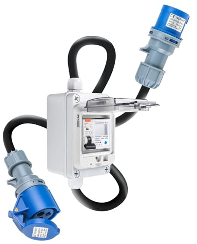 WSPIHO 230VAC 16A Mobiler Digitaler Stromzähler für Steckdose mit FI Schutzschalter Typ A,CEE 3 Pin 16A Stecker auf CEE 16A Kupplung,Zwischenzähler Strom mit IP67 Stromzählergehäuse