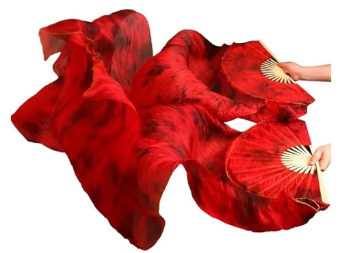 AMEEDA Magdans fans äkta silke magdans 1 st/1 par slöjfläktar handgjorda färgade batikfärgad mage danska prestanda naturliga silkesfläktar (röd, 150 cm 1 par)