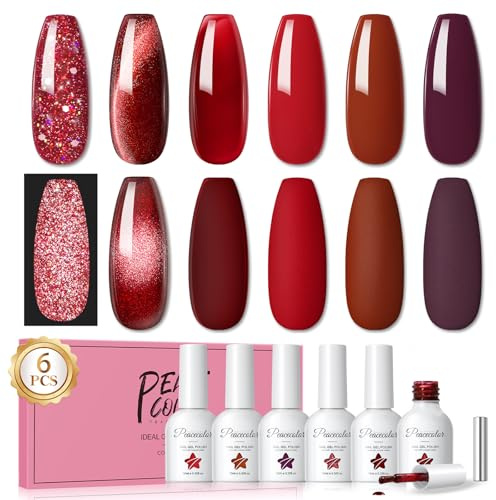 PEACECOLOR Smalto Semipermanente Unghie, 6 Colori Trasparente Jelly Cat Eye Glitter Rosso Smalti Semipermanenti per Unghie Soak Off UV/LED Nail Art Salone, 10ML
