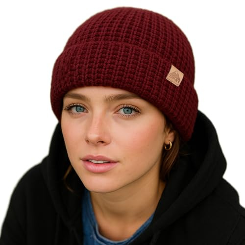 PolarWool L/XL/XXL merino ull våffelstickad troyer mössa klocka mössa dubbla lager 2 stilar varm vinter stickad mössa män kvinnor, vinröd, M-L