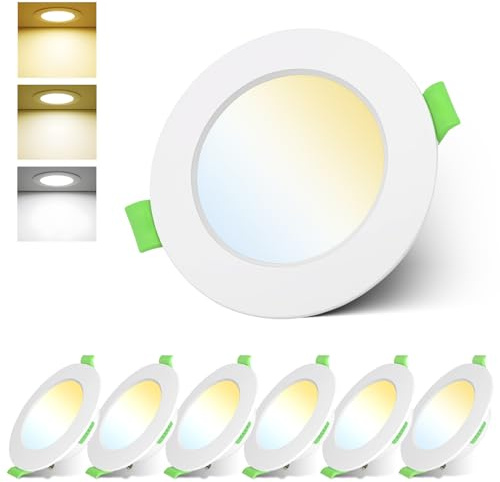 Focos Led Techo Empotrable 7W 220V, Ojos de Buey IP44, Downlight Led Blanco Cálido 3000K, Neutro 4000K, Frío 6000K Ajustable, Corte 75-90mm, Extraplano 24mm, para Baño Cocina, Redondo Blanco, 6 Pack