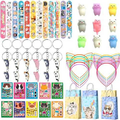 Cadeaux de Fête pour Chats, 72 Pcs Cadeaux de Fête sur le Thème des Chats - Sacs de Fête pour Chat Bandeau Stickers Porte-Clés & Chat Slap Bracelets etc Fournitures pour Anniversaire Thème Chat