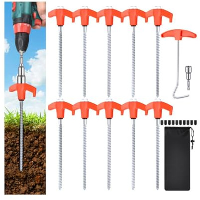 Zourglow 10 Pack Tent Pegs Metal Heavy Duty, Hard Ground Tent Pegs, Spiral Thread Steel Tent Peg with Tent Peg Extractor, Hexagon Socket and Storage Bag, Screw Camping Pegs for Garden Outdoor Awning
