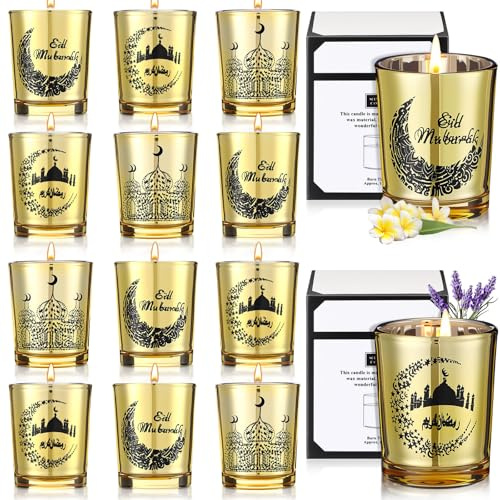 MTLEE 12 Pcs Ramadan Gifts Ramadan Mubarak Scented Candle Jar Eid Candles Eid Religious Novelty Candle Mubarak Gift for Home Muslim Islam Gifts Festival Decor(Gold)