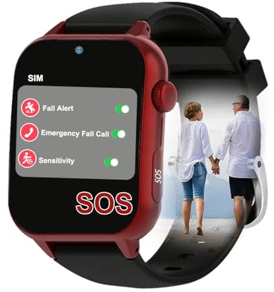 Axrrl Reloj Inteligente SOS para Ancianos Salvavidas Y Ancianos, Reloj Inteligente con Alarma para Personas Mayores con Detección De Alertas De Caída,Rojo