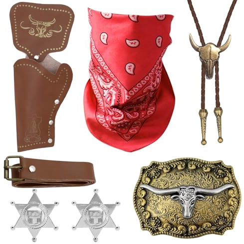 HTTDSLF Accessori per Costume da Cowboy, Western Cowboy Outfit Kit - Bandana | Cintura | Bolo Fibbia | Cravatta | Sceriffo Distintivo, per Halloween Carnevale Hippie Costume Cosplay (Marrone)