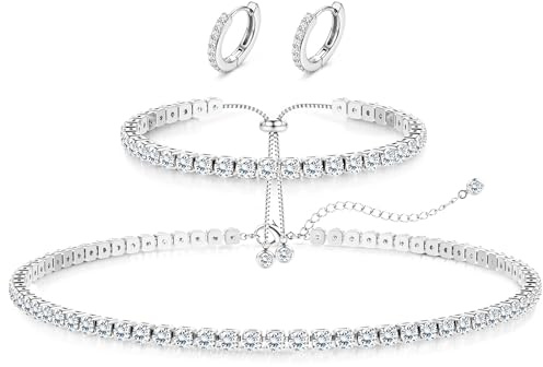 Diamday Silver Jewellery Set for Women, Tennis Necklace Bracelet Earrings