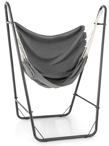 COSTWAY Hammock Chair with Stand, Heavy Duty Metal Frame Swing Chair with Side Pocket, Indoor Outdoor Hanging Chair Seat for Living Room, Bedroom, Patio and Yard (Grey)