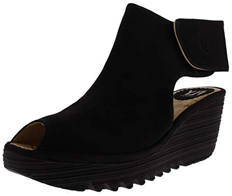 Fly London Womens Yone Leather Wedge Heel Peep Toe Cut Out Ankle Boots - Black - 6