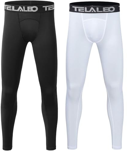 TELALEO Boys Compression Leggings Youth Football Pants Tights Base Layer Black/White-M