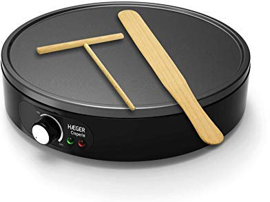 HAEGER CREPERIE - Crepera con 1000W de Potencia - Placa de Revestimiento Antiadherente, diámetro de la Placa 30 cm, Temperatura Ajustable, Accesorio: Palo de T y espátula
