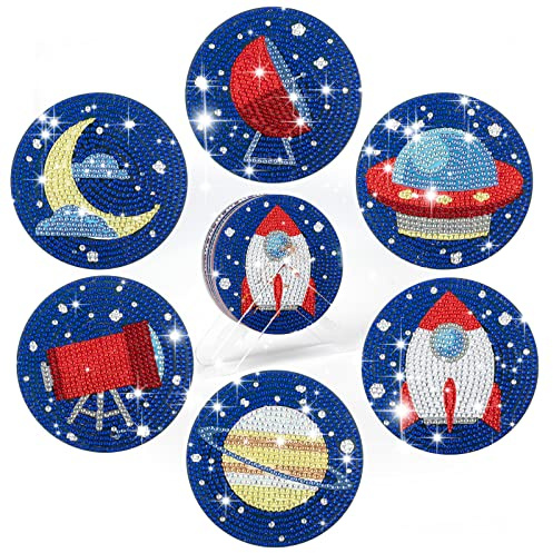 Set di 6 Diamond Painting Sottobicchieri in Feltro Punto Croce Kit da Ricamar Puzzle con Perline da Incollare Sottopentola Paint by Number in Vetro Astronave Razzo Telescopico con Supporto per Bambini