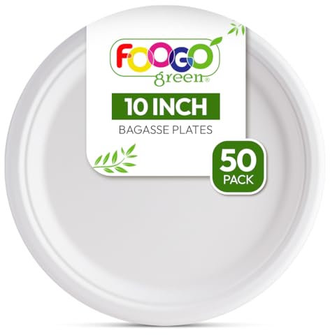 FOOGO Green 50pcs Disposable Sugarcane Bagasse Plates, 10 inch (25 cm), Eco Friendly Biodegradable Compostable, for Picnic, Party, Large Round Strong Paper Plates
