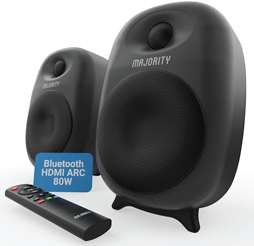 MAJORITY D80 | Active Bluetooth HDMI ARC Bookshelf Speakers | Amplified 80W 4 Drivers | Silk Dome Tweeters | Hifi Stereo Studio Speakers for TV & PC | USB, AUX, RCA, Optical | Custom EQ & Remote