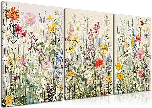 KISSFOX 3 Piece Canvas Wall Art Wildflowers Wall Decor Floral Pictures Botanical Paintings Watercolor Prints Colorful Artwork For Bedroom Bathroom Living Room