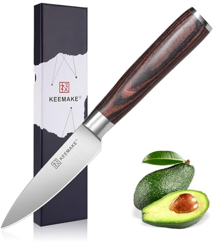 KEEMAKE Spelucchino Cucina Professionale 9 cm, Coltello per Sbucciare Verdura Frutta in Acciaio Inossidabile Manico in Pakkawood