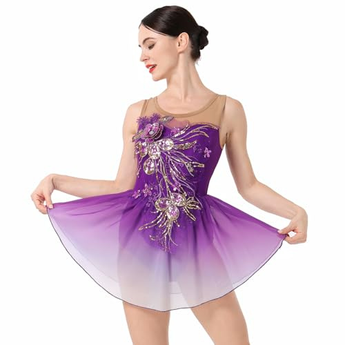 Womens Ice Figure Skating Dress, Adult Ballet Dance Leotards Rhythmic Gymnastics Bodysuit Sequin Embroidery Gradient Chiffon Flowy Skirt Competition Custumes Performance Dancewear Purple L