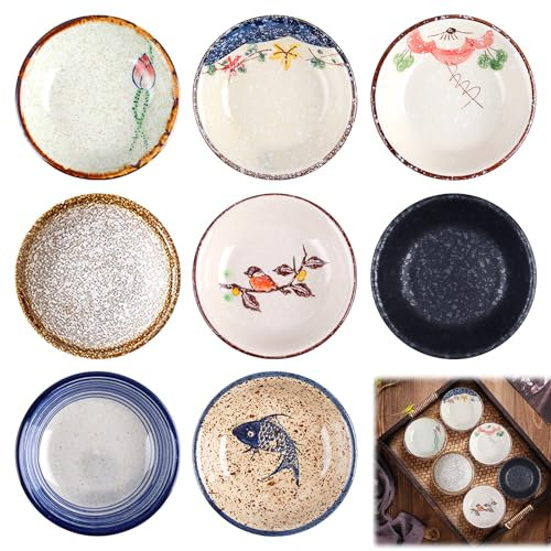 Dip Schälchen, 8 Stück Soja Saucenschälchen Keramik, Tapas Schalen, Keramik Dipschalen, Keramikschale, Vintage Sushi Schälchen, Ø 10cm Gewürzschalen, Snackschalen für Gewürzen Sojasauce Saucen Snacks