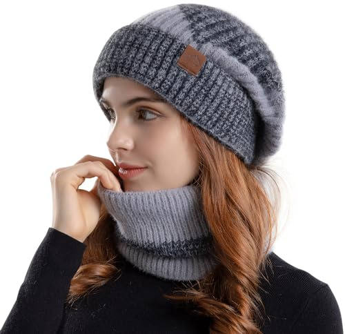 AYPOW Conjunto Bufanda y Gorro Invierno Mujer, 2 en 1 Set Gorros de Punto y Bufanda con Doble Suave Forro Polar Conjuntos, Conjunto de Bufanda y Gorro de Invierno Para Deportes Al Aire Libre