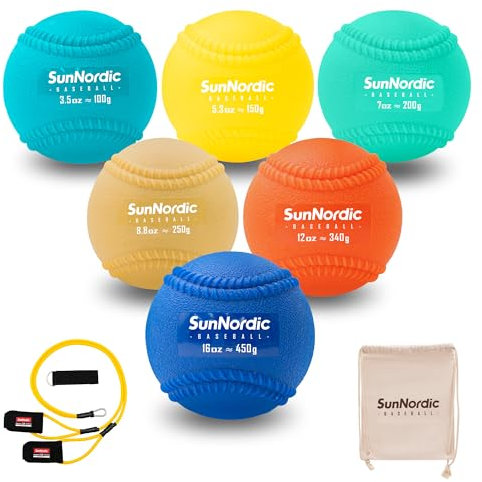SunNordic 6/9er-Pack Nähte, plyometrisches gewichtetes Baseball-Set (3,5 - 16/35/53/1,984.5 g) – Plyo-Basebälle mit variablem Gewicht für verbessertes Kraft- und Pitching-Training – für alle
