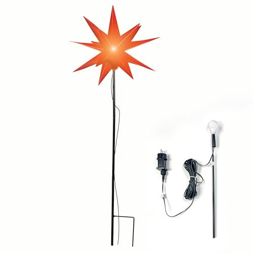 OVILUM Leuchtstern 3D mit Erdspieß und LED Beleuchtung| rot | |Ø 57 cm| 3D Stern mit 18 Spitzen | wetterfest | Garten Deko, Wohnzimmer, Weihnachtsdeko | Weihnachtsstern | mit Timer