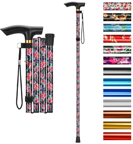 supregear Canne Pliante, Hauteur Réglable à 5 Niveaux Canne de Marche Légère Portable Bâtons de Voyage avec Dragonne et Poignée en T pour Personnes Âgées Handicapées Hommes Femmes, Rouge Écarlate