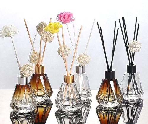 6 Pezzi Bottiglie Vuota di Diffusore con Diffusore Canne Bastoni e sfera diffusore,Bottiglie di Vetro per Bastoncini Profumati a Design del Diamante,per Diffusori di Oli Essenziali la Casa e il Bagno