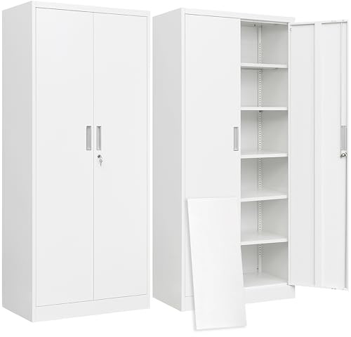BESFUR Metal Storage Cabinet with 2 Doors and 5 Adjustable Shelves Garage Storage Cabinet with Lock 71 Office Storage Cabinets Locking Cabinets for Garage Office Shop Home (White)