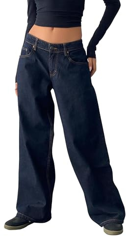 Jean droit à jambes larges pour femme taille basse fermeture éclair bouton uni boyfriend pantalon en denim avec poches streetwear, noir foncé, S