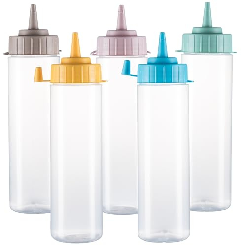 HR Hogar - Botella de Salsas Exprimible - 5 Piezas de 350 mL - Dispensadores Reutilizables y Reciclables | Fabricado en España | Biberón Cocina Sin BPA con Tapón Antifugas Sin Goteo (Surtido Colores)
