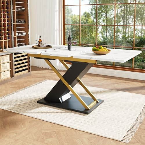 Zepneiy Esstisch Ausziehbar, Küchentisch mit goldenen Kreuzbeinen, modernes Design für Wohnzimmer, Home Office und Küche, Schwarz120-160×80cm